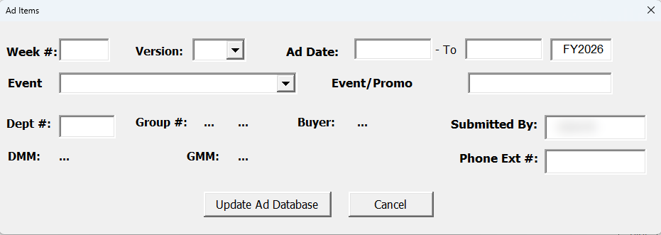 Ad Items form opened with Ctrl+A: Week #, Version, Ad Date, FY, Event, Event/Promo, Dept #, Group #, Buyer, DMM, GMM, Submitted By, Phone Ext #, and Update Ad Database / Cancel buttons